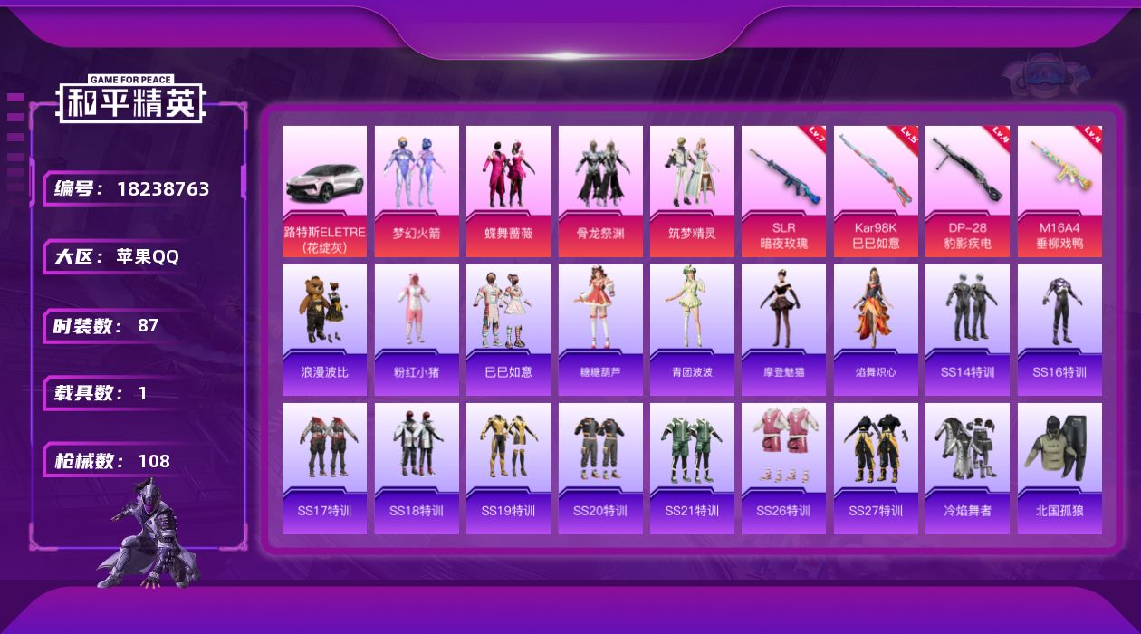 和平精英账号苹果QQ[18238763]苹果 手Q-4粉装-4特效枪-1载具-1粉色飞行器-37398热力值-2王牌印记-87套装-108枪皮
【热门品类】：粉装-梦幻火箭，套装-浪漫波比，套装-粉红小猪
【粉色套装】：