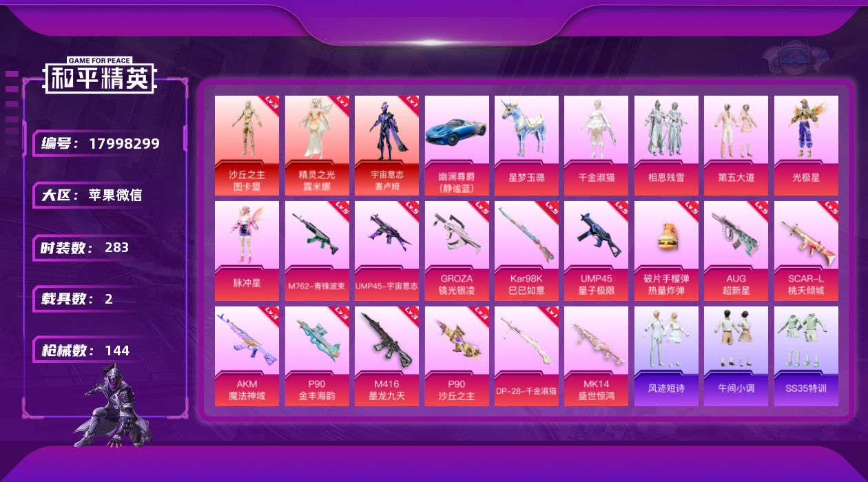 和平精英账号苹果微信2载具-82套装-144枪皮-3红装2载具5粉装15特效枪3热门82套装144枪皮 55806热力值