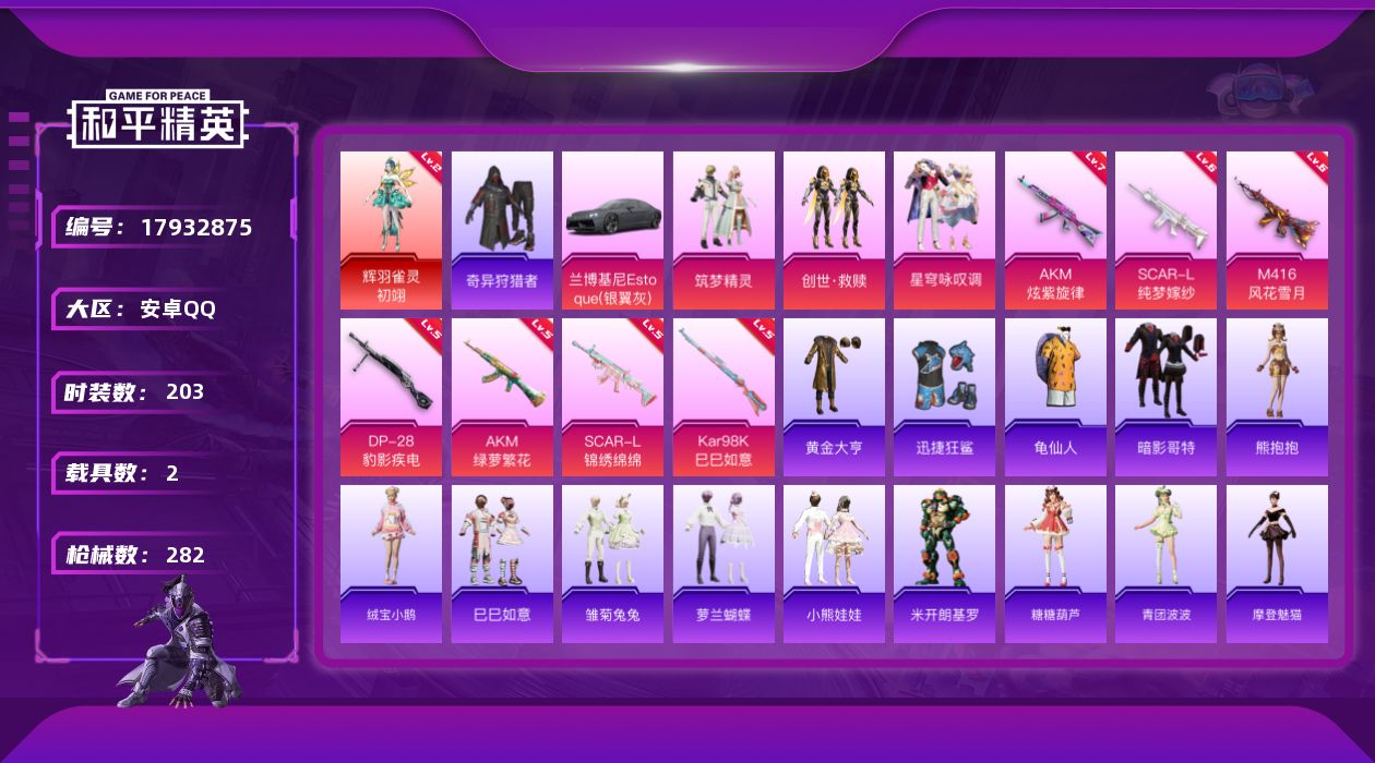 和平精英账号安卓QQ[17932875]安卓 手Q-1神装-4粉装-15特效枪-2载具-4粉色飞行器-88785热力值-7王牌印记-203套装-282枪皮
【红色神装等级】：辉羽雀灵-初翊(二级)
【红色角色神装】：辉羽