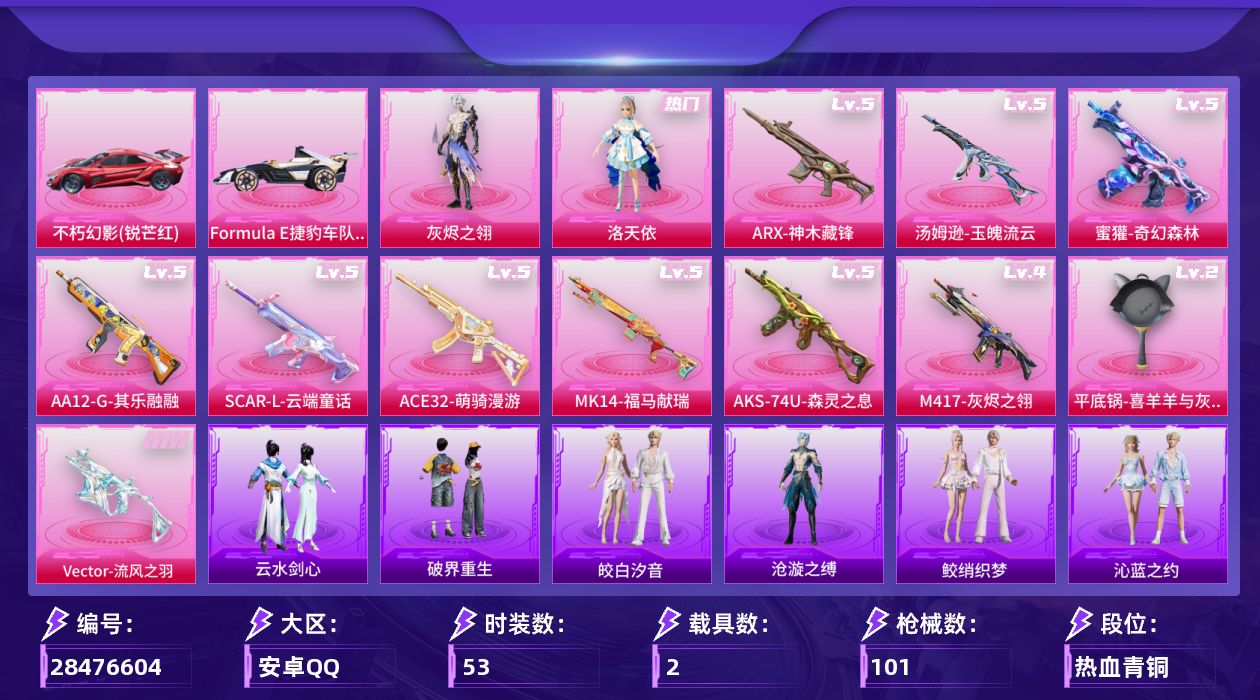 [28476604]安卓手Q-历史最高段位：超级王牌19星-2粉装-11特效枪-2载具-5粉色飞行器-32562热力值-6王牌印记-53套装-101枪皮
【粉色套装】：角色-灰烬之翎，角色-洛天依
【粉色枪皮等级】：SCAR-L-云端童话(五级)，蜜獾-奇幻森林(五级)，ACE32-萌骑漫游(五级)，ARX-神木藏锋(五级)，Vector-流风之羽(四级)，汤姆逊-玉魄流云(五级)，AKS-74U-森灵之息(五级)，Mk14-福马献瑞(五级)，M417-灰烬之翎(四级)，AA12-G-其乐融融(五级)，平底锅-喜羊羊与灰太狼(二级)
【粉色载具】：不朽幻影（锐芒红），Formula E捷豹车队（猎风白），僚机-萌兔起飞
【粉色枪皮】：SCAR-L-云端童话，蜜獾-奇幻森林，ACE32-萌骑漫游，ARX-神木藏锋，Vector-流风之羽，汤姆逊-玉魄流云，AKS-74U-森灵之息，Mk14-福马献瑞，M417-灰烬之翎，AA12-G-其乐融融，平底锅-喜羊羊与灰太狼
【粉色飞行器】：满月旋律飞行器，灰烬之翎飞行器，惊雷剑影飞行器，剑影随行飞行器
【粉色降落伞】：灰烬之翎降落伞，荧海星豚降落伞，喜羊羊与灰太狼降落伞，诸神·破晓降落伞，夜鸢箴言降落伞，罗峰降落伞，剑灵降落伞，甜包降落伞
【稀有套装】：套装-马上来财，套装-迅捷龙虾，套装-遗迹猎人，套装-云宝联名款，套装-其乐融融，套装-彩旗巡礼，套装-恋语绒绒，套装-流萤和鸣，套装-晴夏甜甜，套装-绝刃双刀，套装-荒原烈焰，角色-沧漩之缚，套装-云水剑心，套装-破界重生，套装-蜜露汐语，套装-蓝海鲸歌，角色-杯旋调茶师，套装-粉彩缠枝，套装-雨过天青，套装-红釉青花，套装-锦灰蝶梦，套装-燕雀桃枝，套装-玉兰双鹊，角色-雅婷，套装-鲛绡织梦，套装-皎白汐音，套装-沁蓝之约，套装-战术小队
【稀有枪皮】：AKM-影袭，AKM-龙的传人，SCAR-L-夜灯，Mk47-洛神天依，蜜獾-天降萌叽，UZI-炫彩节奏，UMP45-夜灯，UMP45-生命誓言，Vector-彩虹符号，汤姆逊-像素花束，MP7-G-锦灰蝶梦，P90-灰烬之翎，Kar98K-影袭，Kar98K-洛神天依，M24-炫彩节奏，SKS-糯团青竹，M417-虹云熊熊，M417-锦灰蝶梦，S1897-荧海星豚，S1897-锦灰蝶梦，S12K-玩趣呆呆，S12K-夜灯，DBS-第五大道