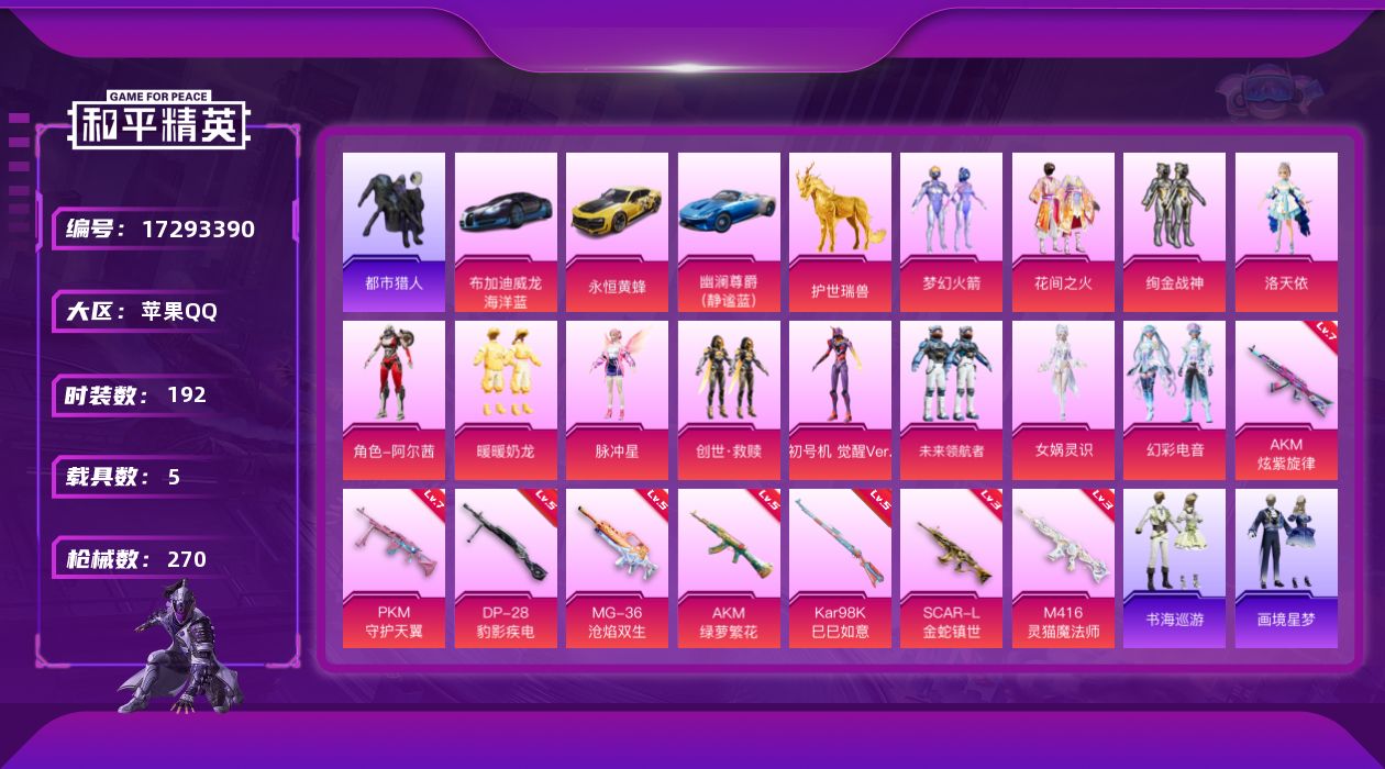 和平精英账号苹果QQDAS9651包人脸 苹果Q-1红装3稀有6载具12粉装9特效枪17热门192套装270枪皮 946