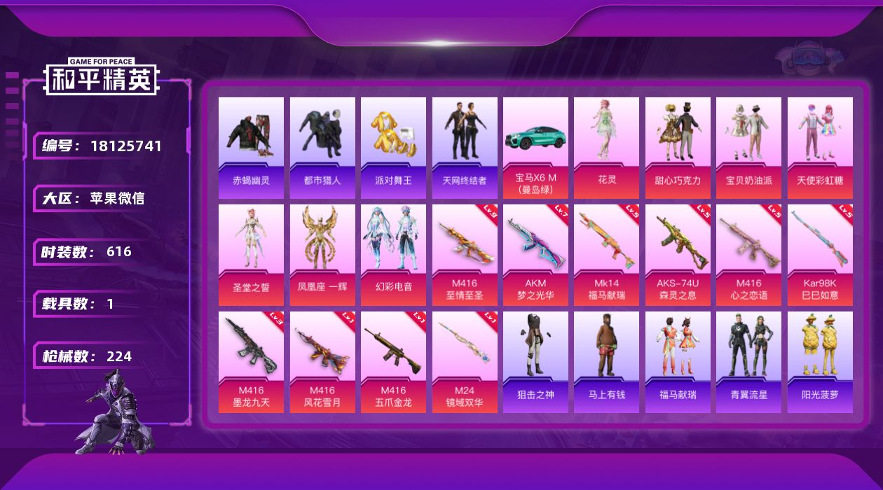 和平精英账号苹果微信[18125741]7粉装 10特效枪 1载具 16印记 可二次 可修改实名 
【九级特效枪】九级M