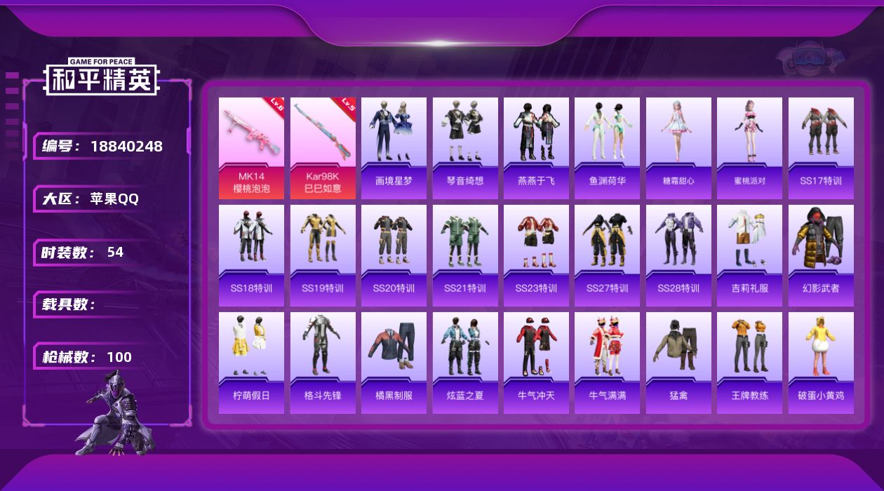 和平精英账号苹果QQ[18840248]54套装/枪械4/装备93/战备52/热力值25575/三级UMP45-萌骑冒险/五级Kar98K-巳巳如意/六级MK14-樱桃泡泡/一级Mk14-福马献瑞/角色-罪夜之冕/UMP