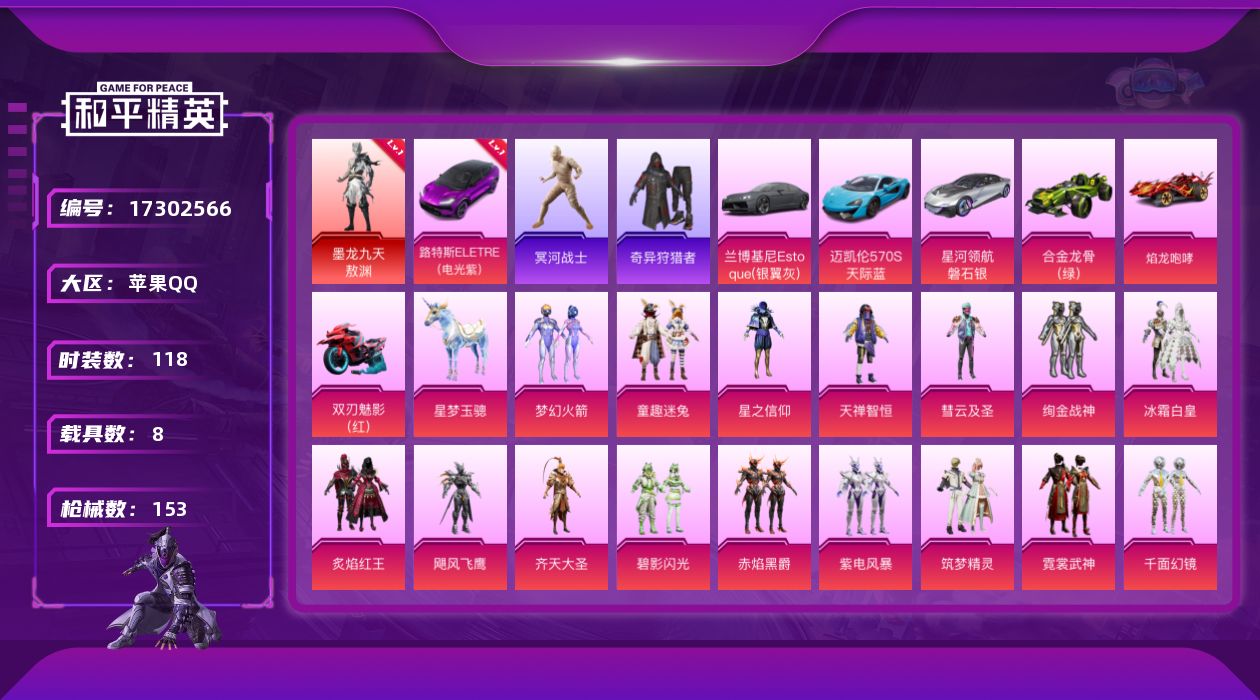 和平精英账号苹果QQ[17302566]【特价出售/店主推荐】苹果 手Q-1神装-20粉装-10特效枪-1僚机-8载具-5粉色飞行器-70277热力值-5王牌印记-118套装-153枪皮
【红色载具】：路特斯ELETRE