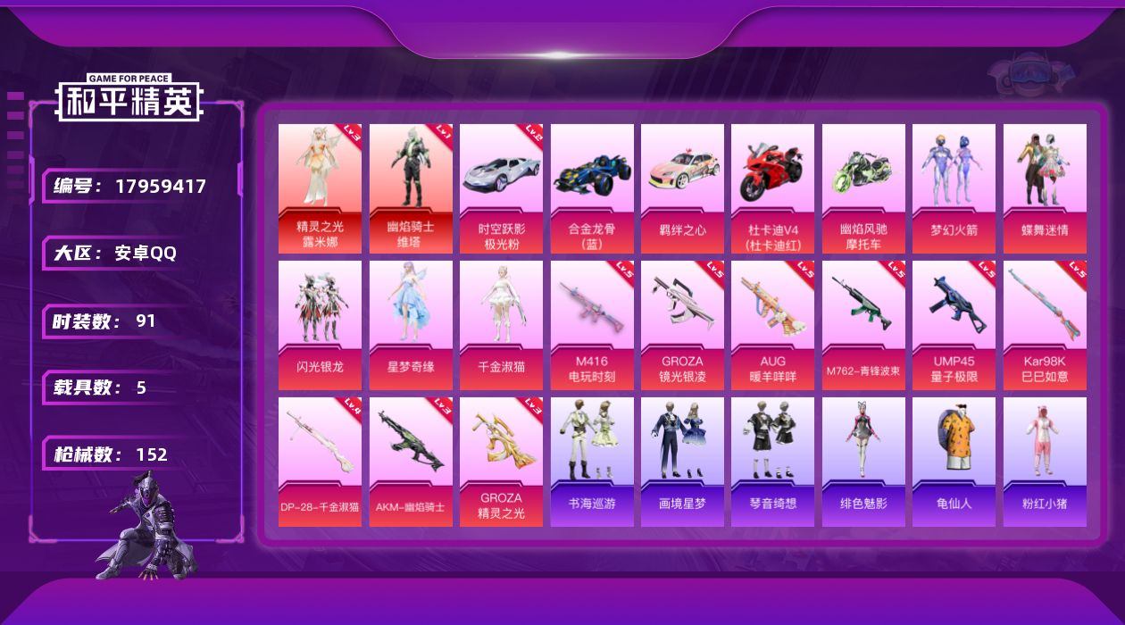 和平精英账号安卓QQ[17959417]安卓 手Q-2神装-5粉装-10特效枪-5载具-8粉色飞行器-57503热力值-7王牌印记-91套装-152枪皮
【红色载具】：时空跃影（极光粉）(二级)
【红色神装等级】：幽焰骑