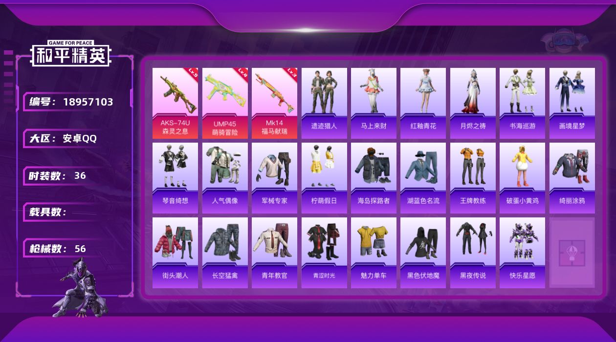 和平精英账号安卓QQ[18957103]安卓 手Q-0粉装-3特效枪-0载具-1粉色飞行器-13843热力值-1王牌印记-36套装-56枪皮
【粉色枪皮等级】：UMP45-萌骑冒险(四级)，AKS-74U-森灵之息(五级