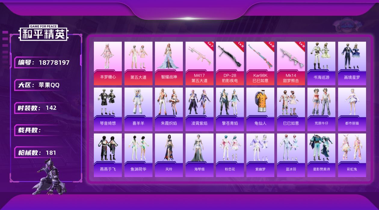 和平精英账号苹果QQ[18778197]苹果 手Q-3粉装-5特效枪-0载具-1粉色飞行器-52069热力值-10王牌印记-142套装-181枪皮
【热门品类】：套装-龟仙人
【粉色套装】：粉装-第五大道，角色-智耀战神