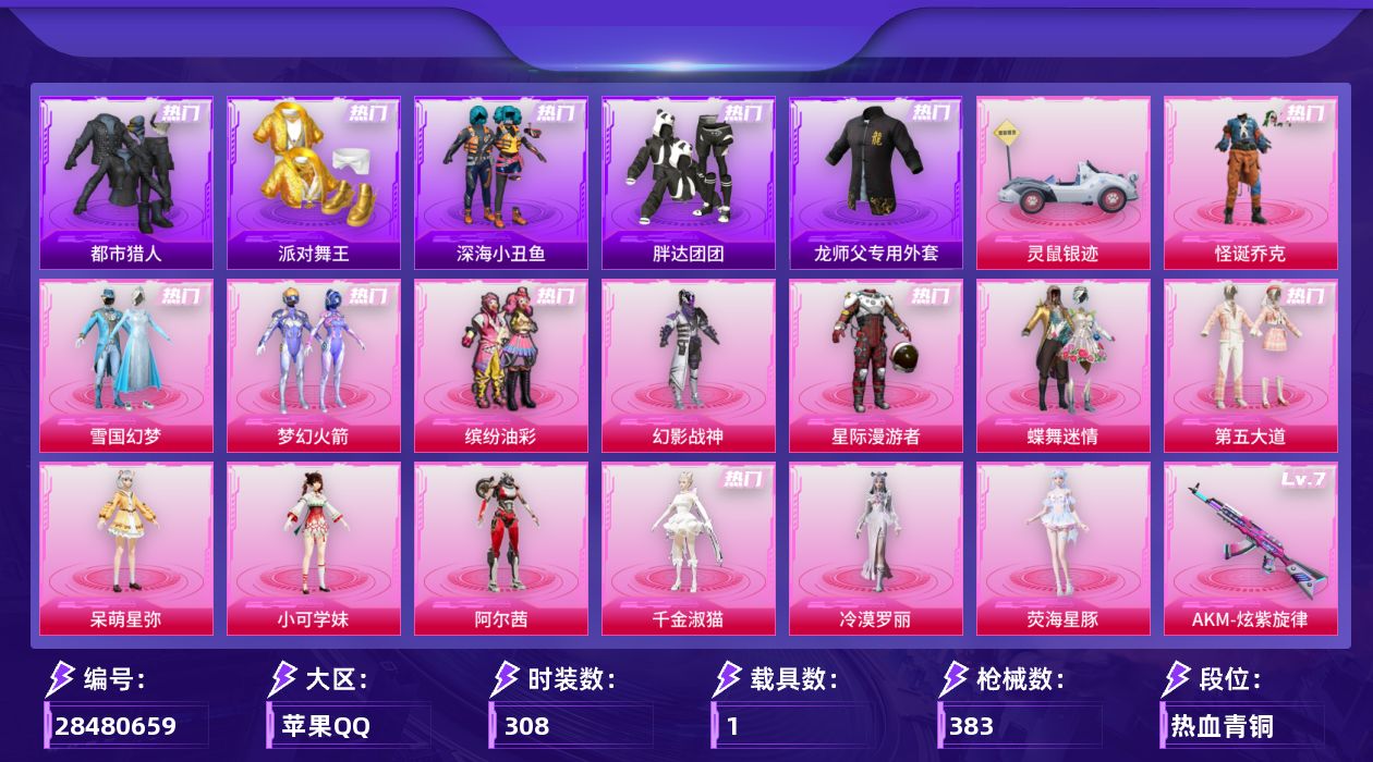 [28480659]苹果手Q-历史最高段位：无敌战神-14粉装-11特效枪-1载具-3粉色飞行器-124696热力值-28王牌印记-308套装-383枪皮
【热门品类】：粉装-怪诞乔克，粉装-雪国幻梦，粉装-梦幻火箭，粉装-缤纷油彩，套装-浪漫天命，套装-太空漫步，套装-都市猎人，套装-派对舞王，套装-深海小丑鱼，套装-小丑鱼，套装-胖达团团，套装-忍者信条，套装-暗夜之虎，旭日初心兜帽大衣，套装-龟仙人，套装-暗影哥特，师父专用外套
【粉色套装】：粉装-幻影战神，粉装-星际漫游者，粉装-怪诞乔克，粉装-雪国幻梦，粉装-蝶舞迷情，粉装-梦幻火箭，粉装-缤纷油彩，粉装-第五大道，角色-呆萌星弥，角色-小可学妹，角色-阿尔茜，角色-千金淑猫，角色-冷漠罗丽，角色-荧海星豚
【粉色枪皮等级】：AKM-炫紫旋律(七级)，M416-五爪金龙(七级)，GROZA-旋转彩虹(七级)，蜜獾-荧海星豚(七级)，Vector-灵感创作师(七级)，Vector-流风之羽(一级)，汤姆逊-玉魄流云(五级)，AKS-74U-森灵之息(五级)，Kar98K-巳巳如意(五级)，AA12-G-其乐融融(五级)，DP-28-豹影疾电(五级)
【粉色载具】：灵鼠银迹
【粉色枪皮】：AKM-炫紫旋律，M416-五爪金龙，GROZA-旋转彩虹，蜜獾-荧海星豚，Vector-灵感创作师，Vector-流风之羽，汤姆逊-玉魄流云，AKS-74U-森灵之息，Kar98K-巳巳如意，AA12-G-其乐融融，DP-28-豹影疾电
【粉色飞行器】：梦幻火箭飞行器，闪光银龙飞行器，镜光幻境飞行翼
【粉色降落伞】：破风疾驰降落伞，快乐主宰降落伞，幻影战神降落伞，百万伏特降落伞，星际漫游者降落伞，梦幻火箭降落伞，繁花小夜曲降落伞，星之彼岸降落伞，洛神天依降落伞，海渊国主降落伞，千面幻镜降落伞，旋转彩虹降落伞，第五大道降落伞，白勺歌姬降落伞，未来歌姬降落伞，莲影清波降落伞，圣堂之誓降落伞，蜜语绒猫降落伞，金丰海韵降落伞，冷漠罗丽降落伞，荧海星豚降落伞，绯穹魔姬降落伞
【稀有套装】：套装-龟仙人，套装-巳巳如意，套装-马上有钱，套装-遗迹猎人，套装-云宝联名款，套装-其乐融融，套装-彩旗巡礼，套装-恋语绒绒，套装-荒原烈焰，套装-云水剑心，套装-破界重生，套装-冰河战士，套装-香桃花海，套装-极速领航，套装-雏菊兔兔，套装-萝兰蝴蝶，套装-小熊