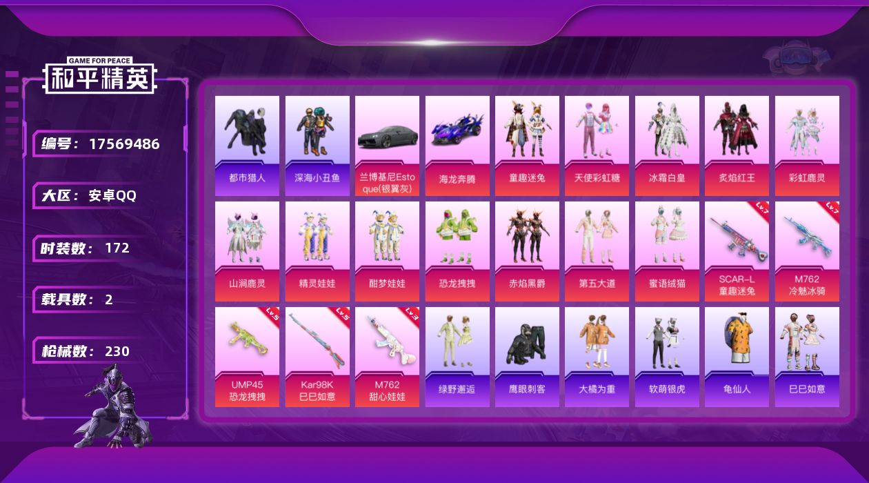 和平精英账号安卓QQ[17569486]安卓 手Q-13粉装-7特效枪-2载具-3粉色飞行器-75530热力值-15王牌印记-172套装-230枪皮
【热门品类】：粉装-童趣迷兔，套装-都市猎人，套装-深海小丑鱼，套装-