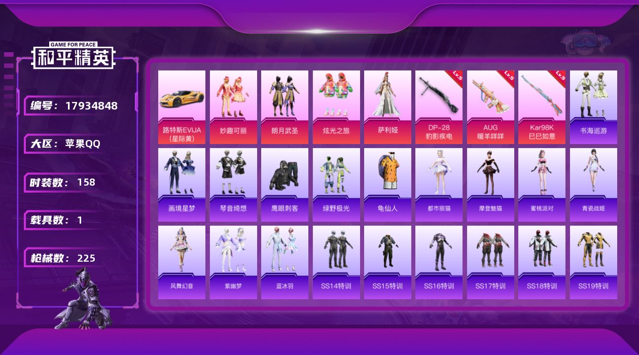 和平精英账号苹果QQ[17934848]【特价出售/店主推荐】苹果 手Q-5粉装-6特效枪-1载具-1粉色飞行器-64603热力值-13王牌印记-158套装-225枪皮
【热门品类】：套装-龟仙人
【粉色套装】：角色-女