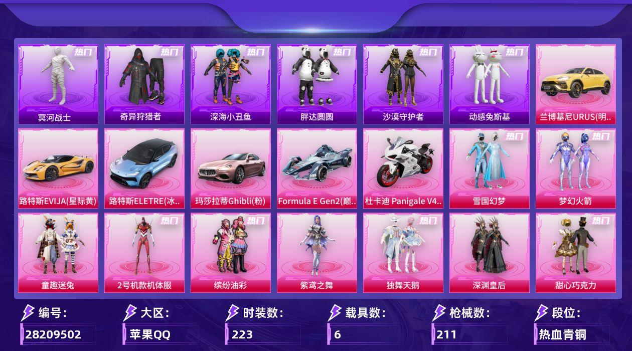 [28209502]苹果手Q-历史最高段位：超级王牌-73粉装-12特效枪-6载具-8粉色飞行器-108839热力值-1王牌印记-223套装-211枪皮
【热门品类】：粉装-雪国幻梦，粉装-梦幻火箭，粉装-童趣迷兔，粉装-2号机款机体服，粉装-缤纷油彩，套装-浪漫天命，套装-冥河战士，套装-深海小丑鱼，套装-小丑鱼，套装-奇异狩猎者，套装-胖达圆圆，套装-沙漠守护者，套装-星河浪客，套装-动感兔斯基人偶服，角色-忠猛周仓，套装-潮萌小黄鸭，套装-暗影哥特，套装-浪漫波比，套装-粉红小猪
【粉色套装】：粉装-紫鸢之舞，粉装-独舞天鹅，粉装-深渊皇后，粉装-甜心巧克力，粉装-宝贝奶油派，粉装-天使彩虹糖，粉装-土曜战麒，粉装-金曜白虎，粉装-雪国幻梦，粉装-蝶舞迷情，粉装-精灵迷巫，粉装-梦幻火箭，粉装-金风玉露，粉装-金属狂野，粉装-缤纷油彩，粉装-狩月元帅，粉装-新星烈龙，粉装-甜蜜誓约，粉装-心之恋语，粉装-极致幻想，粉装-冰霜白皇，粉装-童趣迷兔，粉装-炙焰红王，粉装-绮梦青鸾，粉装-相思残雪，粉装-甜梦冰蝶，粉装-馨动时刻，粉装-虎啸骄阳，粉装-炙焰赤龙，粉装-飓风飞鹰，粉装-枪炮玫瑰，粉装-蜜桃特工，粉装-蝶舞蔷薇，粉装-骨龙祭渊，粉装-林间仙鹿，粉装-彩虹鹿灵，粉装-山涧鹿灵，粉装-沙场疾风，粉装-花影阑珊，粉装-俏雪含霜，粉装-吟月归客，粉装-红伞翩翩，粉装-黄伞悠悠，粉装-黑伞漫漫，粉装-海渊国主，角色-2号机款机体服，粉装-蓝莓炮弹，粉装-绚金瑰梦，粉装-焦糖拿铁，粉装-海盐物语，粉装-橘柚倾心，粉装-星夜魔法师，粉装-圣光天使，粉装-彩虹甜喵，女娲后裔-赵灵儿，粉装-甜蜜草莓，粉装-旋转彩虹，粉装-冰川粉黛，粉装-冰川幽秘，粉装-冰川红玫，粉装-霞光圣骑，粉装-寒光使者，粉装-闲梦青缨，粉装-萌物绒绒，角色-蔷薇星，角色-茉莉星，角色-水仙星，粉装-巨渊蟹踪，粉装-射星猎手，粉装-无畏白羊，粉装-双面双生，粉装-天衡星秤，粉装-室女星神
【粉色枪皮等级】：AKM-炫紫旋律(五级)，SCAR-L-童趣迷兔(七级)，M416-五爪金龙(五级)，M416-至情至圣(三级)，GROZA-焦糖拿铁(二级)，GROZA-旋转彩虹(三级)，AUG-超新星(二级)，UMP45-玉魂晶魄(三级)，P90-仙履奇缘(三级)，M24-莲影清波(二级)，M249-彩虹甜喵(二级)，DP-2