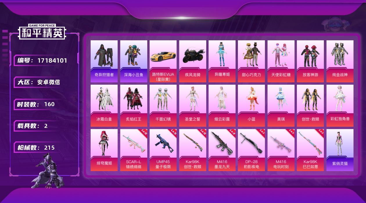 和平精英账号安卓微信[17184101]"DFX279  安卓V-包人脸 M416-墨龙九天 (3级) 2稀有2载具15粉装7特效枪15热门160套装215枪皮 70998热力值 10印记 历史超级王牌13星 
【2稀有