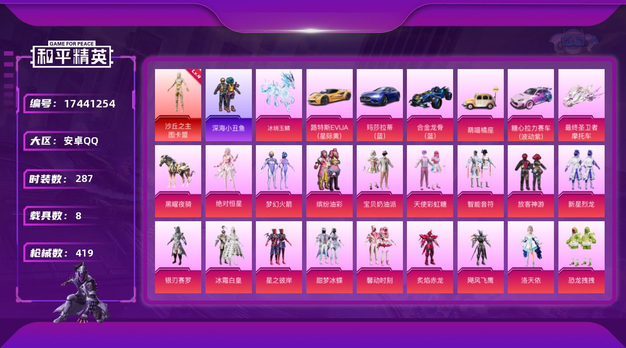 和平精英账号安卓QQ[17441254]安卓 手Q-2神装-34粉装-21特效枪-8载具-19粉色飞行器-160423热力值-21王牌印记-287套装-419枪皮
【红色神装等级】：暮色玫影-艾丽娅(二级)，沙丘之主-图