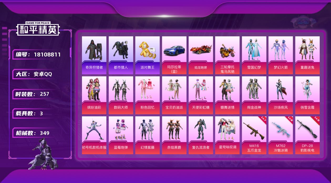 和平精英账号安卓QQ[18108811]安卓 手Q-18粉装-14特效枪-3载具-3粉色飞行器-123356热力值-19王牌印记-257套装-349枪皮
【热门品类】：粉装-雪国幻梦，粉装-梦幻火箭，粉装-童趣迷兔，粉装