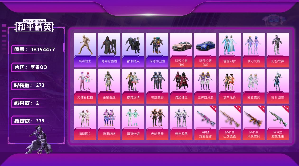 和平精英账号苹果QQ[18194477]苹果 手Q-1神装-17粉装-16特效枪-2载具-7粉色飞行器-129820热力值-22王牌印记-273套装-373枪皮
【红色神装等级】：暮色玫影-艾丽娅(一级)
【红色角色神装