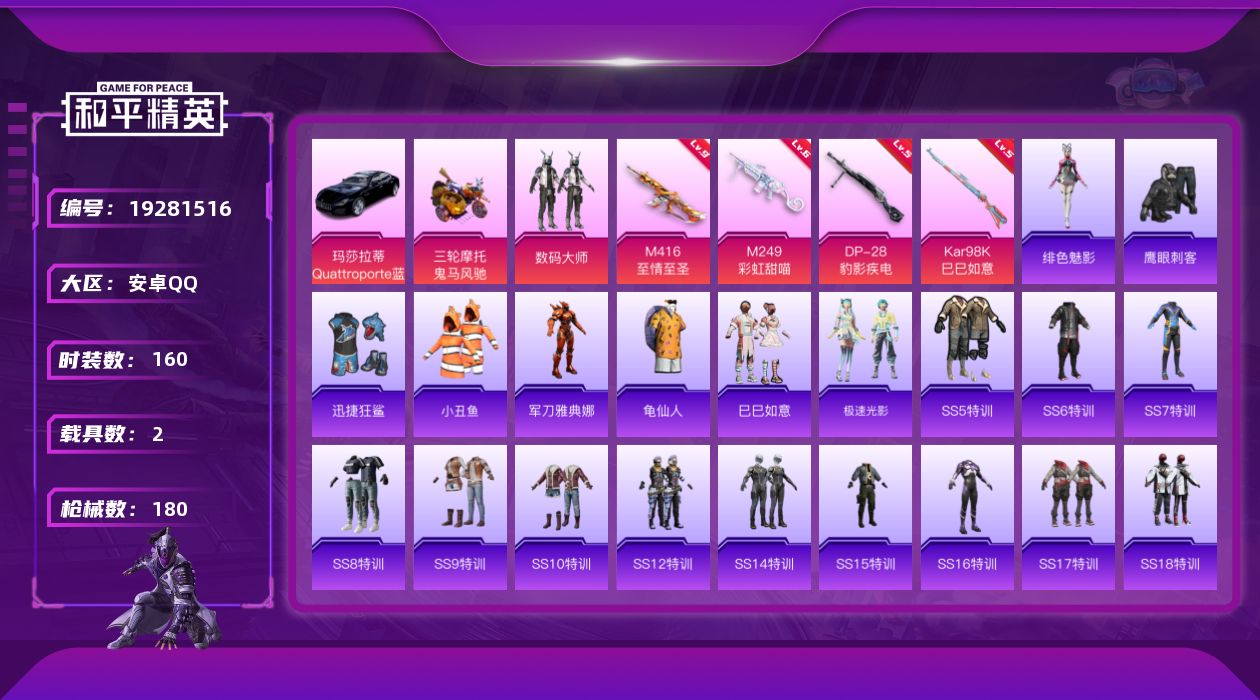 和平精英账号安卓QQ[19281516]160套装/枪械4/装备217/载具2/战备135/王牌印记16/热力值61301/九级M416-至情至圣/五级Kar98K-巳巳如意/六级M249-彩虹甜喵/五级DP-28-豹影