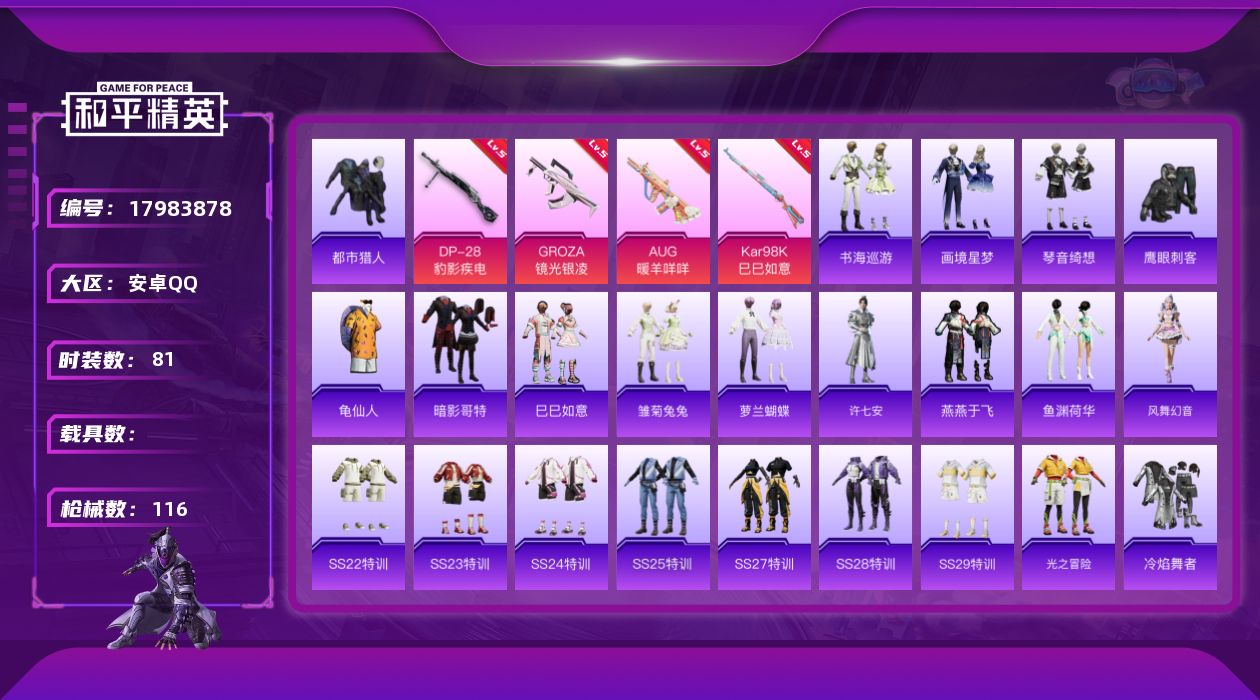 和平精英账号安卓QQ[17983878]安卓 手Q-0粉装-7特效枪-0载具-0粉色飞行器-32039热力值-7王牌印记-81套装-116枪皮
【热门品类】：套装-都市猎人，套装-龟仙人，套装-暗影哥特
【粉色枪皮等级】