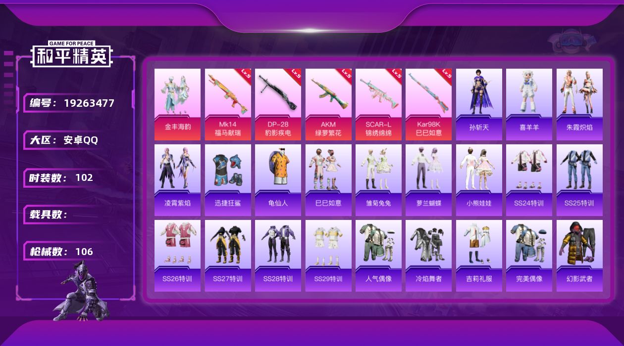 和平精英账号安卓QQ[19263477]安卓 手Q-2粉装-5特效枪-0载具-1粉色飞行器-33306热力值-1王牌印记-102套装-106枪皮
【热门品类】：套装-龟仙人
【粉色套装】：粉装-金丰海韵
【粉色枪皮等级】