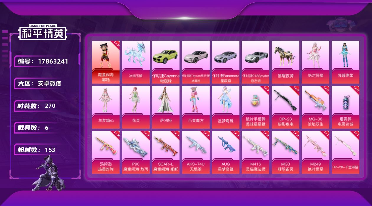 和平精英账号安卓微信6载具-77套装-153枪皮-哪吒2急 AUG星梦奇缘3级 1红装6载具7粉装20特效枪3热门77套