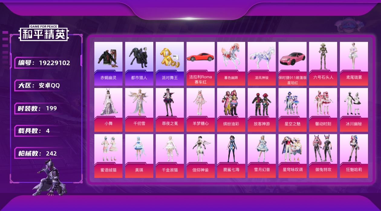 和平精英账号安卓QQ[19229102]安卓 手Q-22粉装-15特效枪-4载具-9粉色飞行器-90083热力值-6王牌印记-199套装-242枪皮
【热门品类】：粉装-缤纷油彩，套装-浪漫天命，套装-赤蝎幽灵，套装-都