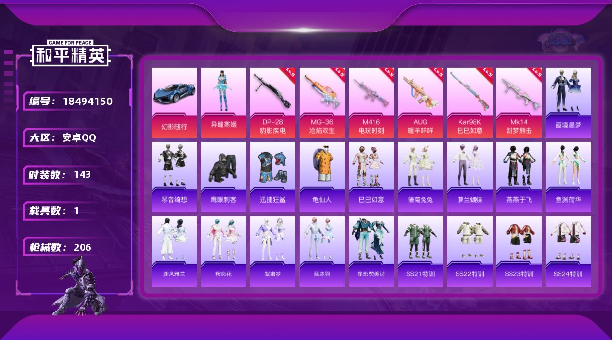 和平精英账号安卓QQ[18494150]安卓 手Q-1粉装-6特效枪-1载具-1粉色飞行器-52410热力值-10王牌印记-143套装-206枪皮
【热门品类】：套装-龟仙人
【粉色套装】：角色-异瞳寒姬
【粉色枪皮等级