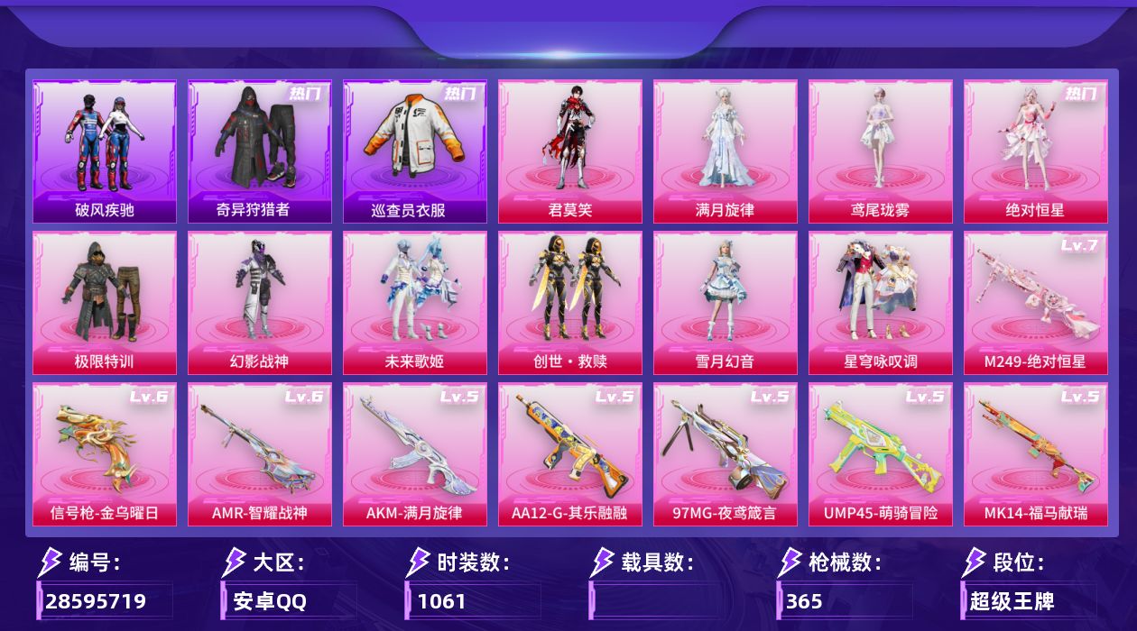 []10粉装 16特效枪 21印记 不可二次 不可修改实名 
【热门装扮】星穹咏叹调,奇异狩猎者,雪月幻音,君莫笑,满月旋律,浅蓝色牛仔衬衣,黑色ROCK长袖T恤,蓝色运动服上衣,绝对恒星,雨过天青,鸢尾珑雾,巡查员衣服(绝对防御上衣),极限特训,幻影战神,未来歌姬,创世·救赎,大橘