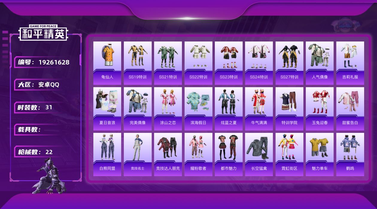 和平精英账号安卓QQ[19261628]安卓 手Q-0粉装-0特效枪-0载具-0粉色飞行器-8382热力值-1王牌印记-31套装-22枪皮
【热门品类】：套装-龟仙人
【稀有套装】：套装-龟仙人
【稀有枪皮】：AUG-天