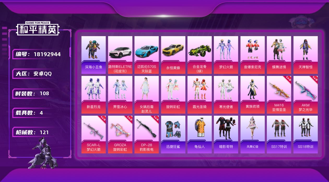 和平精英账号安卓QQ[18192944]M416-至情至圣(九级)【特价出售/店主推荐】安卓 手Q-11粉装-7特效枪-4载具-3粉色飞行器-50410热力值-10王牌印记-108套装-121枪皮【热门品类】：粉装-梦幻