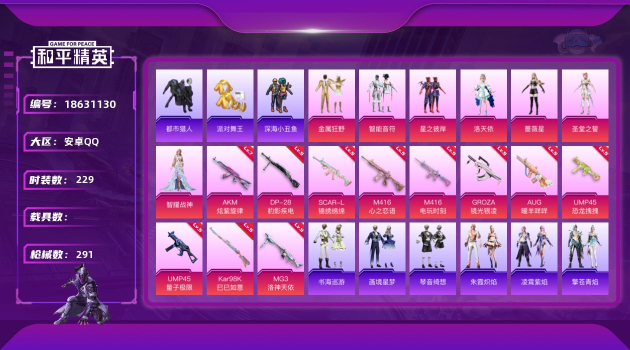 和平精英账号安卓QQ[18631130]安卓 手Q-9粉装-12特效枪-0载具-3粉色飞行器-92883热力值-20王牌印记-229套装-291枪皮
【热门品类】：套装-浪漫天命，套装-都市猎人，套装-派对舞王，套装-深