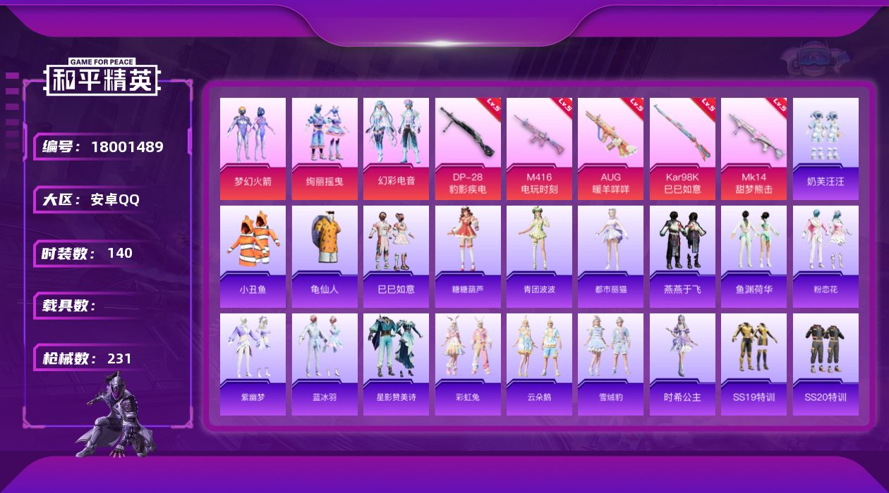 和平精英账号安卓QQ[18001489]安卓 手Q-3粉装-8特效枪-0载具-3粉色飞行器-59254热力值-13王牌印记-140套装-231枪皮
【热门品类】：粉装-梦幻火箭，套装-小丑鱼，套装-龟仙人
【粉色套装】：