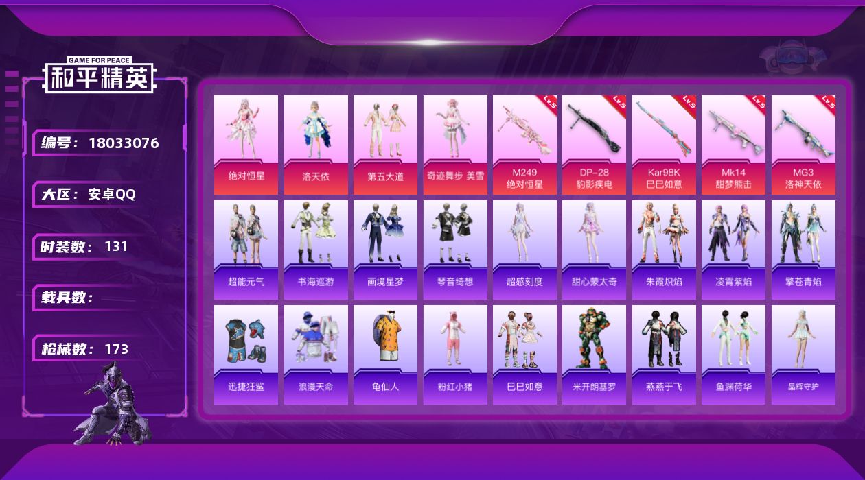 和平精英账号安卓QQ[18033076]DAS9991  苹果Q-可二次 5稀有2载具6粉装12特效枪12热门165套装264枪皮 满级MK12-雪月幻音 (7级) 都市猎人 派对舞王  76516热力值 4印记 历史卓