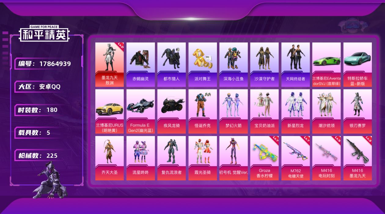 和平精英账号安卓QQ[17864939]小素材男神套 地铁满天赋【店主推荐捡漏号！可直接换绑】安卓 手Q-1神装-11粉装-6特效枪-5载具-5粉色飞行器-85314热力值-10王牌印记-180套装-225枪皮【红色神装
