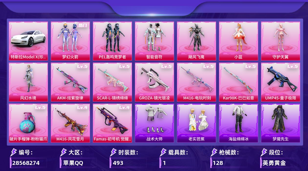 []7粉装 9特效枪 1载具 6印记 可二次 可修改实名 
【热门装扮】梦幻火箭(新101) ,智能音符,PEL轰鸣竞梦者,飓风飞鹰,小蓝,守护天翼,风幻水境,神秘黑猫,奇迹天团,万圣娃娃,梦魇先生,爱崽白熊
【载具】特斯拉Model X(珍珠白)
【稀有枪皮】GROZA-镜光银凌,
