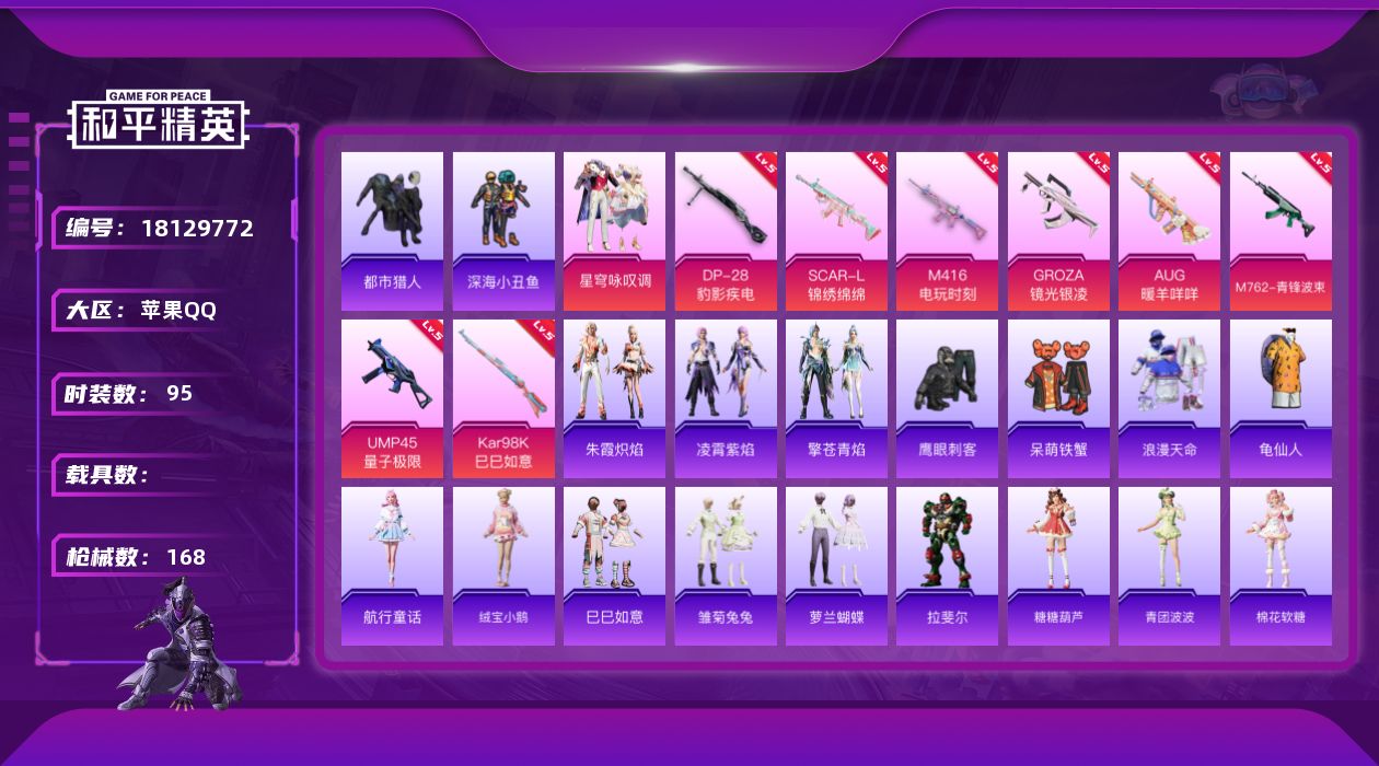和平精英账号苹果QQ[18129772]【特价出售/店主推荐】苹果 手Q-1粉装-8特效枪-40817热力值-10王牌印记-95套装-168枪皮【热门品类】：套装-浪漫天命，套装-都市猎人，套装-深海小丑鱼，套装-龟仙人