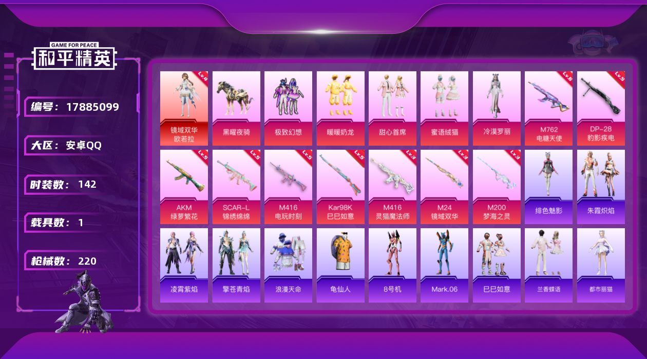 和平精英账号安卓QQ[17885099]安卓 手Q-1神装-7粉装-12特效枪-1载具-9粉色飞行器-75971热力值-14王牌印记-142套装-220枪皮
【红色神装等级】：镜域双华-欧若拉(四级)
【红色角色神装】：