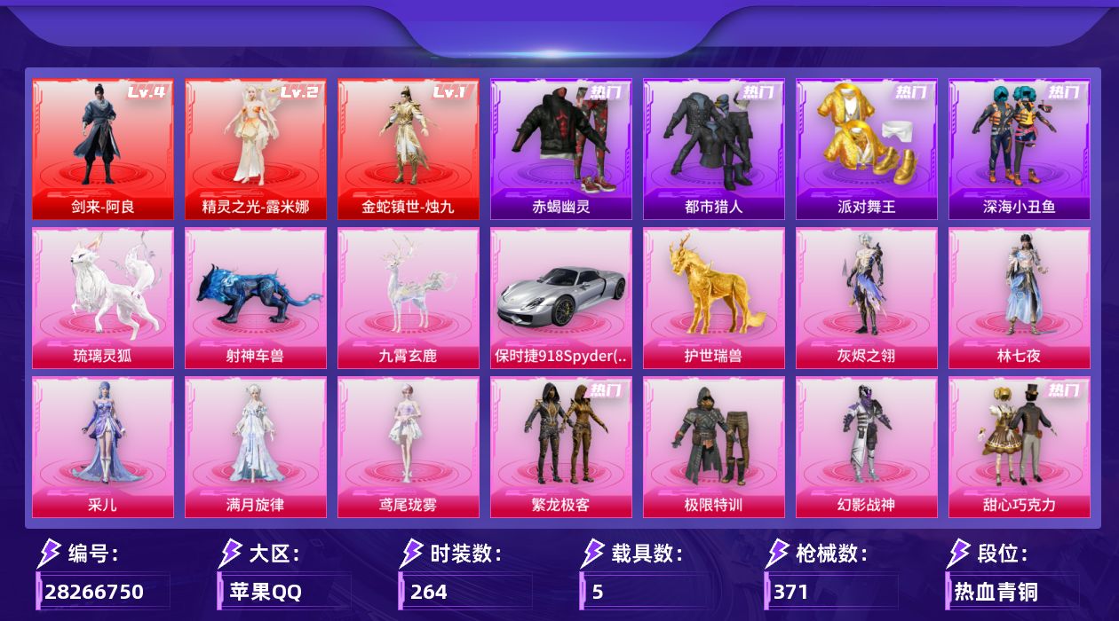 [28266750]苹果手Q-3神装-17粉装-28特效枪-5载具-19粉色飞行器-140181热力值-18王牌印记-264套装-371枪皮
【红色神装等级】：剑来-阿良(四级)，金蛇镇世-烛九(一级)，精灵之光-露米娜(二级)
【红色角色神装】：剑来-阿良，金蛇镇世-烛九，精灵之光-露米娜
【热门品类】：粉装-繁龙极客，套装-浪漫天命，套装-赤蝎幽灵，套装-都市猎人，套装-派对舞王，套装-深海小丑鱼，套装-忍者信条，套装-暗夜之虎，套装-龟仙人
【粉色套装】：角色-满月旋律，角色-灰烬之翎，角色-林七夜，粉装-极限特训，粉装-幻影战神，粉装-甜心巧克力，粉装-宝贝奶油派，粉装-天使彩虹糖，粉装-放客神游，角色-洛天依，女娲后裔-赵灵儿，粉装-第五大道，粉装-繁龙极客，粉装-星月云朵，角色-狂魅哈莉，角色-鸢尾珑雾，角色-采儿
【粉色枪皮等级】：UMP45-霜月狼主(三级)，AKM-炫紫旋律(一级)，SCAR-L-锦绣绵绵(五级)，SCAR-L-金蛇镇世(三级)，SCAR-L-灵驹仙姬(二级)，SCAR-L-云端童话(四级)，M416-五爪金龙(六级)，M416-灵猫魔法师(三级)，GROZA-镜光银凌(五级)，GROZA-幻音九尾(三级)，AUG-全息游灵(七级AKM-满月旋律)，蜜獾-奇幻森林(五级)，UMP45-量子极限(五级)，汤姆逊-玉魄流云(二级)，AKS-74U-森灵之息(五级)，Kar98K-巳巳如意(五级)，M24-莲影清波(六级)，Mk14-精灵梦叶罗丽(七级)，Mk14-福马献瑞(五级)，M417-灰烬之翎(三级)，AA12-G-其乐融融(五级)，DP-28-豹影疾电(五级)，MG3-洛神天依(七级)，PKM-萌骑夺宝(四级)，M338-回旋牧梦使(二级)，97MG-夜鸢箴言(四级)，烟雾弹-好运连连(四级)，破片手榴弹-贪吃小熊(五级)
【粉色载具】：保时捷918 Spyder（液态银），僚机-旋星之夜，护世瑞兽，九霄玄鹿，射神车兽，琉璃灵狐
【粉色枪皮】：AKM-炫紫旋律，AKM-满月旋律，SCAR-L-锦绣绵绵，SCAR-L-金蛇镇世，SCAR-L-灵驹仙姬，SCAR-L-云端童话，M416-五爪金龙，M416-灵猫魔法师，GROZA-镜光银凌，GROZA-幻音九尾，蜜獾-奇幻森林，UMP45-量子极限，UMP45-霜月狼主，汤姆逊-玉魄流云，AKS-74