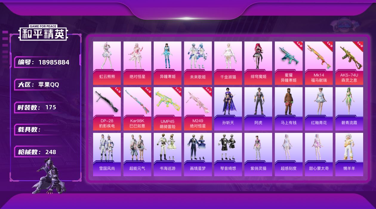 和平精英账号苹果QQ[18985884]苹果 手Q-6粉装-7特效枪-0载具-3粉色飞行器-70107热力值-13王牌印记-175套装-248枪皮
【热门品类】：套装-小丑鱼，套装-龟仙人，角色-Mark.06
【粉色套