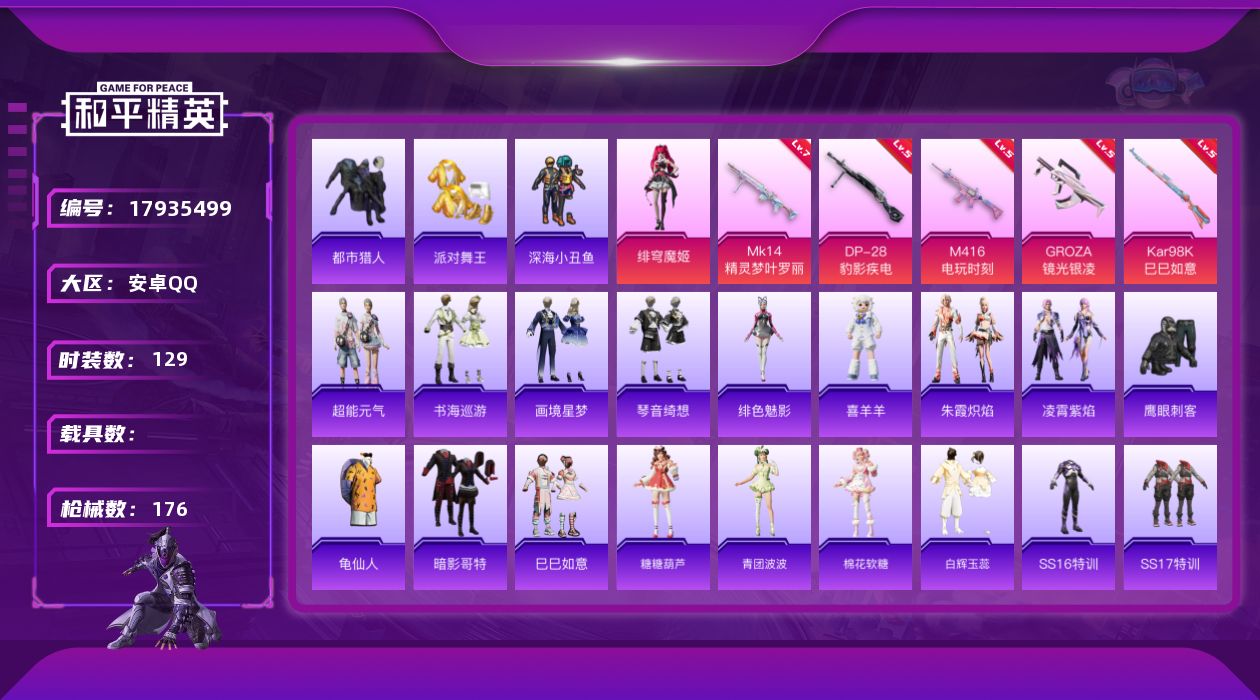 和平精英账号安卓QQ[17935499]绝世印记1 【特价出售/店主推荐】安卓 手Q-1粉装-8特效枪-2粉色飞行器-50797热力值-4王牌印记-129套装-176枪皮【热门品类】：套装-都市猎人，套装-派对舞王，套装