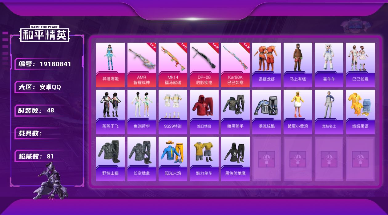 和平精英账号安卓QQ[19180841]安卓 手Q-1粉装-4特效枪-0载具-1粉色飞行器-19951热力值-4王牌印记-48套装-81枪皮
【粉色套装】：角色-异瞳寒姬
【粉色枪皮等级】：Kar98K-巳巳如意(五级)
