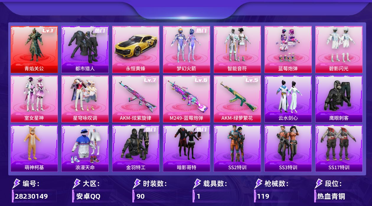 [28230149]安卓手Q-历史最高段位：卓越王牌14星-1神装-6粉装-3特效枪-1载具-1粉色飞行器-43858热力值-5王牌印记-90套装-119枪皮
【红色神装等级】：角色-青焰关公(一级)
【红色角色神装】：角色-青焰关公
【热门品类】：粉装-梦幻火箭，套装-浪漫天命，套装-都市猎人，套装-金羽特工，套装-暗影哥特
【粉色套装】：粉装-梦幻火箭，粉装-智能音符，粉装-蓝莓炮弹，粉装-碧影闪光，粉装-室女星神，粉装-星穹咏叹调
【粉色枪皮等级】：AKM-炫紫旋律(七级)，AKM-绿萝繁花(五级)，M249-蓝莓炮弹(六级)
【粉色载具】：永恒黄蜂
【粉色枪皮】：AKM-炫紫旋律，AKM-绿萝繁花，M249-蓝莓炮弹
【粉色飞行器】：梦幻火箭飞行器
【粉色降落伞】：粉色回忆降落伞，梦幻火箭降落伞，伏魔团降落伞，童趣迷兔降落伞，蓝莓炮弹降落伞，彩虹甜喵降落伞，旋转彩虹降落伞，未来歌姬降落伞，闲梦青缨降落伞，炫光之旅降落伞，幻彩电音降落伞，炫彩糖果降落伞
【稀有套装】：套装-云水剑心，套装-极速光影
【稀有枪皮】：AKM-彩虹符号，AKM-影袭，AKM-虎虎生威，AKM-霓虹街区，AKM-龙的传人，M16A4-幻世战舞者，M16A4-生命誓言，M16A4-莲影清波，SCAR-L-夜灯，SCAR-L-炫彩节奏，SCAR-L-玉兔迎春，SCAR-L-青丘仙客，M416-糯团青竹，M416-红色方程式，M416-蓝色火焰，GROZA-异彩先驱，GROZA-影袭，GROZA-蓝莓炮弹，AUG-耀粉歌者，AUG-闲梦青缨，QBZ-未来歌姬，M762-瑞龙福将，M762-萌物绒绒，Mk47-洛神天依，Mk47-粉色回忆，G36C-六号树人，AC-VAL-天降萌叽，AC-VAL-彩虹甜喵，AC-VAL-快闪甜心，AC-VAL-闲梦青缨，UZI-影袭，UMP45-夜灯，UMP45-炫光之旅，UMP45-粉色回忆，Vector-生命誓言，汤姆逊-天降萌叽，汤姆逊-异彩先驱，汤姆逊-炫彩节奏，野牛-粉锦千层，MP5K-异彩先驱，MP5K-蓝莓炮弹，P90-倾城蜜语，P90-快闪甜心，Kar98K-影袭，Kar98K-梦幻火箭，Kar98K-王子的夏天，Kar98K-蓝莓炮弹，M24-影袭，M24-奇异狩猎者，SKS-炫彩节奏，VSS-粉色回忆，Mini14-异彩先驱，Mini14-春暖花开，Mini