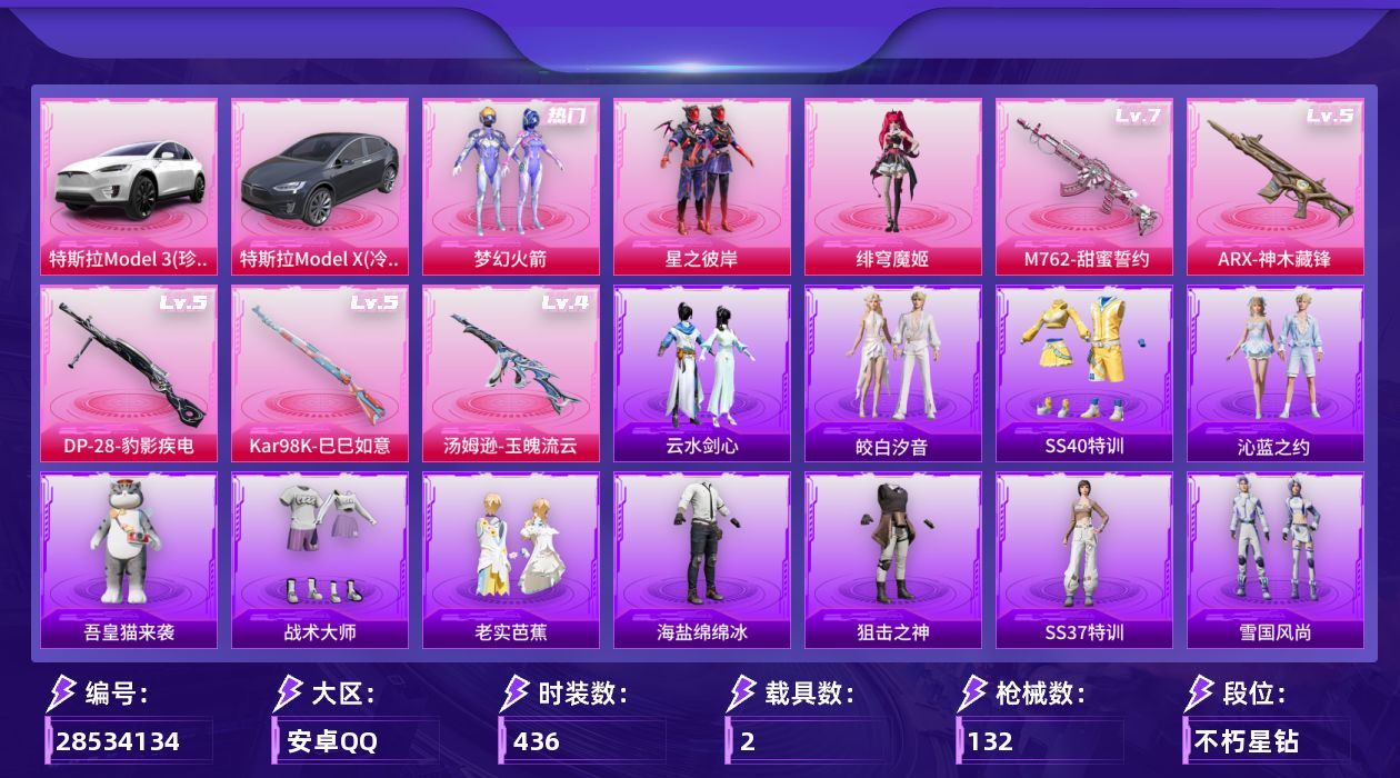 []3粉装 6特效枪 2载具 2印记 不可二次 不可修改实名 
【热门装扮】绯穹魔姬,皎白汐音,梦幻火箭(新101) ,星之彼岸,大橘为重,梦魇先生
【载具】特斯拉Model X(冷光银),特斯拉Model 3(珍珠白)
【稀有枪皮】DP-28-豹影疾电,Kar98K-巳巳如意,AR