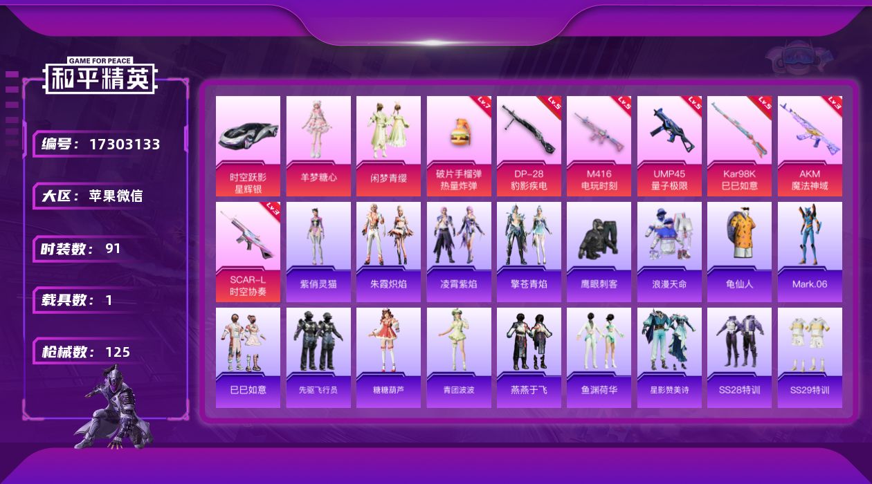 和平精英账号苹果微信[17303133]【特价出售/店主推荐】苹果 微信-2粉装-9特效枪-1载具-3粉色飞行器-38235热力值-5王牌印记-91套装-125枪皮
【热门品类】：套装-浪漫天命，套装-龟仙人，角色-Ma