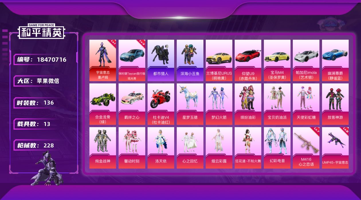 和平精英账号苹果微信[18470716]DAS11050 包人脸 苹果V-2红装3稀有14载具13粉装22特效枪14热门136套装228枪皮 103357热力值 11印记 历史卓越王牌15星 暮色玫影-艾丽娅 (2级) 