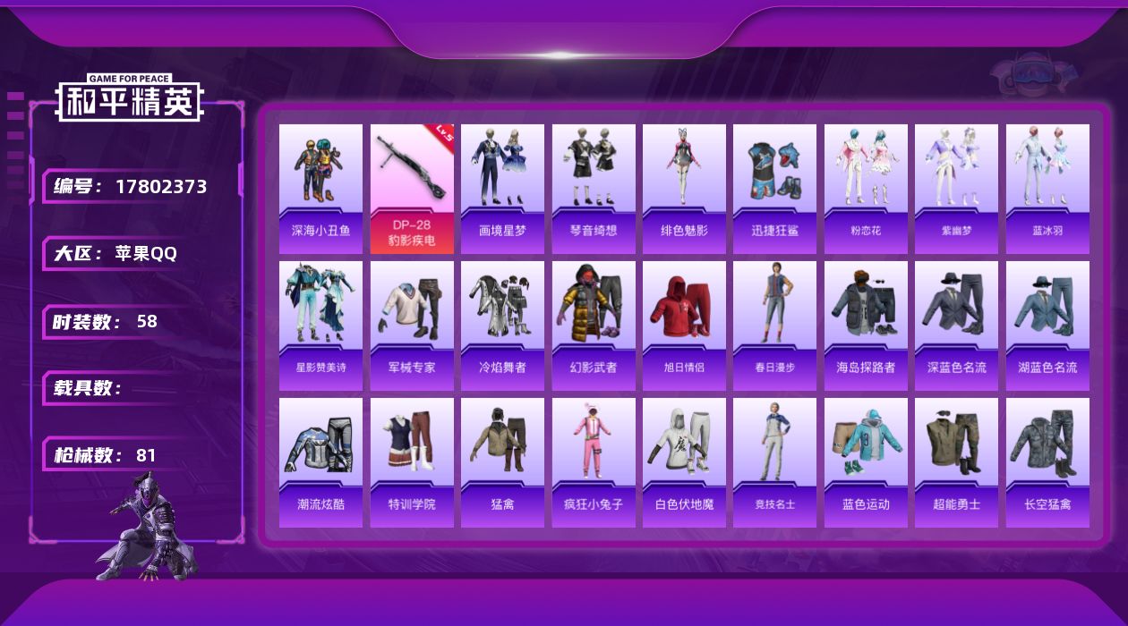 和平精英账号苹果QQ[17802373]苹果 手Q-0粉装-3特效枪-0载具-1粉色飞行器-18703热力值-3王牌印记-58套装-81枪皮
【热门品类】：套装-深海小丑鱼
【粉色枪皮等级】：UMP45-萌骑冒险(二级)