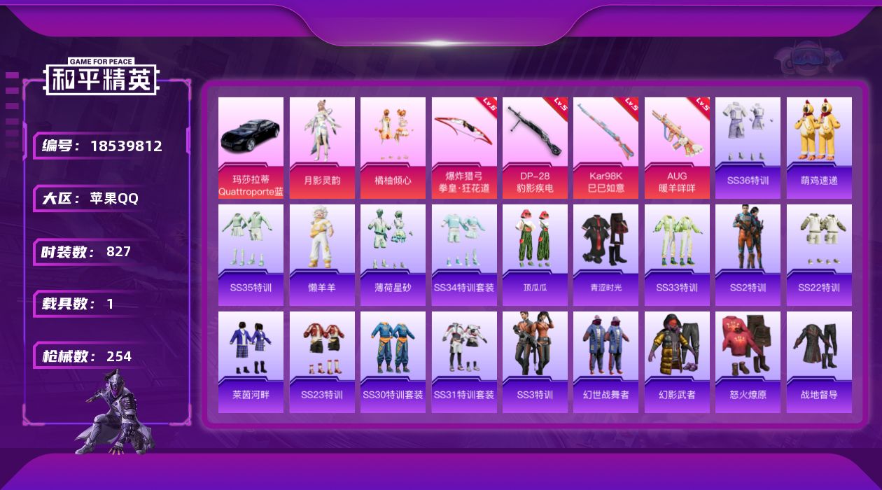 和平精英账号苹果QQ[18539812]1载具-206套装-254枪皮-1稀有1载具2粉装4特效枪22热门205套装25