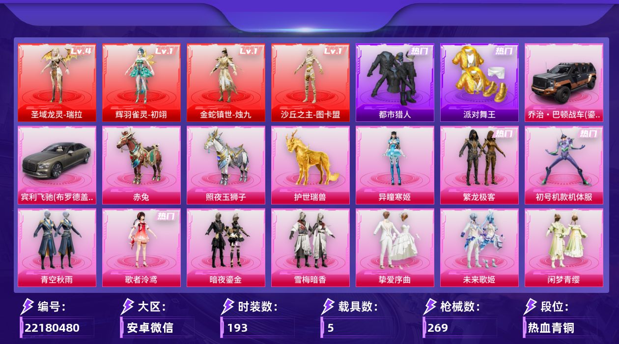 和平精英账号安卓微信XY1607 安卓微信-4神装-17粉装-19特效枪-5载具-14粉色飞行器-115104热力值-1
