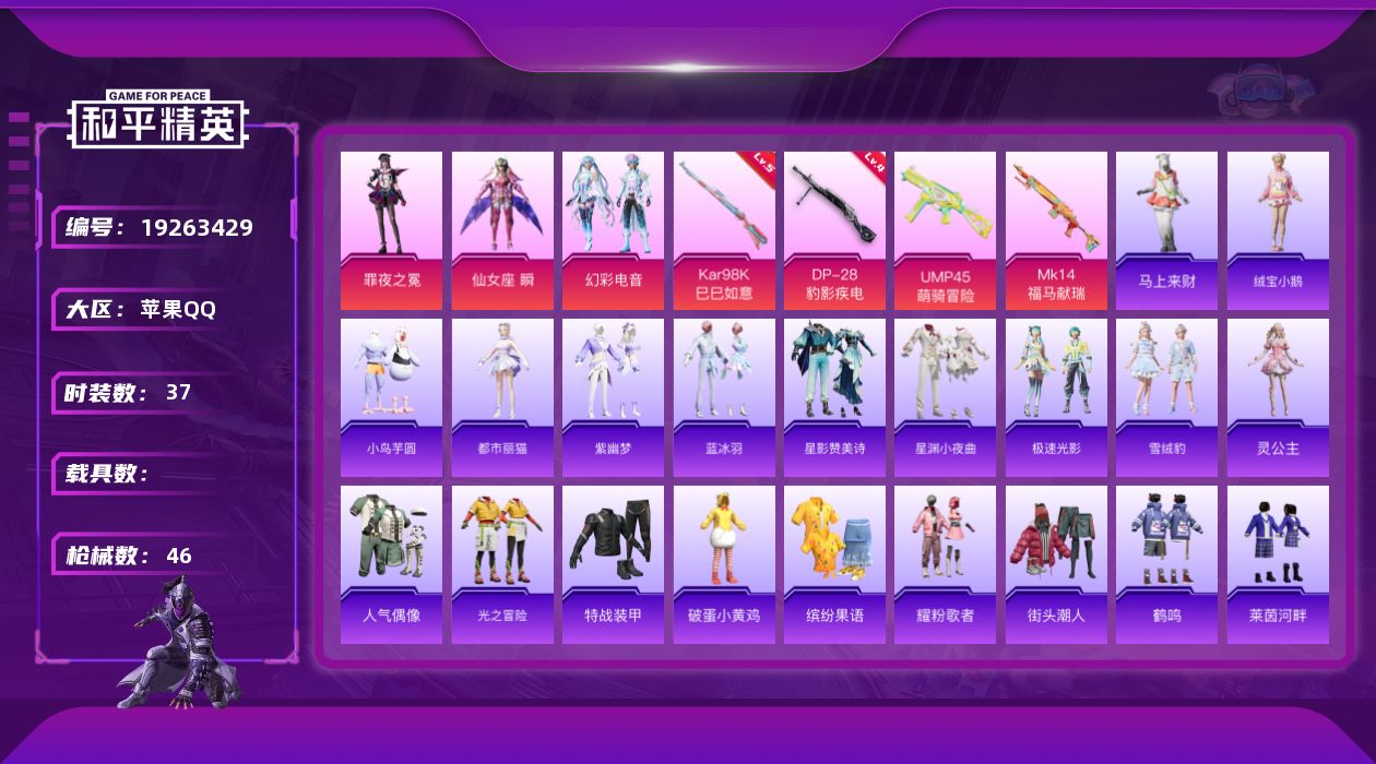 和平精英账号苹果QQ[19263429]苹果 手Q-3粉装-4特效枪-0载具-0粉色飞行器-13675热力值-1王牌印记-37套装-46枪皮
【粉色套装】：角色-仙女座 瞬，粉装-幻彩电音，角色-罪夜之冕
【粉色枪皮等级