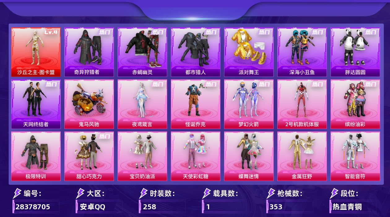 [28378705]安卓手Q-历史最高段位：超级王牌18星-1神装-25粉装-27特效枪-1载具-5粉色飞行器-127599热力值-10王牌印记-258套装-353枪皮
【红色神装等级】：沙丘之主-图卡盟(四级)
【红色角色神装】：沙丘之主-图卡盟
【热门品类】：粉装-怪诞乔克，粉装-梦幻火箭，粉装-2号机款机体服，粉装-缤纷油彩，套装-浪漫天命，套装-赤蝎幽灵，套装-都市猎人，套装-派对舞王，套装-深海小丑鱼，套装-小丑鱼，套装-奇异狩猎者，角色-军刀雅典娜，套装-胖达圆圆，套装-天网终结者，套装-AG追光队服，套装-AG战队服，角色-2B战斗服款，套装-暗夜之虎，套装-龟仙人，套装-暗影哥特
【粉色套装】：粉装-极限特训，粉装-怪诞乔克，粉装-甜心巧克力，粉装-宝贝奶油派，粉装-天使彩虹糖，粉装-蝶舞迷情，粉装-梦幻火箭，粉装-金属狂野，粉装-智能音符，粉装-缤纷油彩，粉装-放客神游，粉装-绚金战神，粉装-星之彼岸，粉装-彩虹鹿灵，粉装-山涧鹿灵，角色-洛天依，角色-2号机款机体服，粉装-甜梦小狐，角色-复仇流浪者，粉装-暖熊萌萌，粉装-彩虹甜喵，角色-呆萌星弥，粉装-炫光之旅，角色-樱桃泡泡，角色-夜鸢箴言
【粉色枪皮等级】：AKM-梦之光华(五级)，SCAR-L-甜梦小狐(五级)，SCAR-L-云端童话(五级)，M416-五爪金龙(一级)，M416-至情至圣(七级)，GROZA-旋星之夜(五级)，AUG-星之彼岸(六级)，蜜獾-奇幻森林(五级)，UMP45-萌骑冒险(四级)，Vector-环太平洋(五级)，Vector-流风之羽(四级)，汤姆逊-怪笑疯兔(四级)，汤姆逊-玉魄流云(五级)，AKS-74U-森灵之息(五级)，P90-沙丘之主(三级)，Kar98K-巳巳如意(五级)，M24-镜域双华(二级)，Mk14-樱桃泡泡(五级)，Mk14-福马献瑞(五级)，AA12-G-其乐融融(五级)，SPAS-12-蜜语绒猫(二级)，M249-彩虹甜喵(一级)，DP-28-豹影疾电(五级)，MG3-洛神天依(五级)，97MG-夜鸢箴言(一级)，信号枪-金乌曜日(四级)，燃烧瓶-天降桃花(六级)
【粉色载具】：鬼马风驰
【粉色枪皮】：AKM-梦之光华，SCAR-L-甜梦小狐，SCAR-L-云端童话，M416-五爪金龙，M416-至情至圣，GROZA-旋星之夜，AUG-星之彼岸，蜜獾-奇幻
