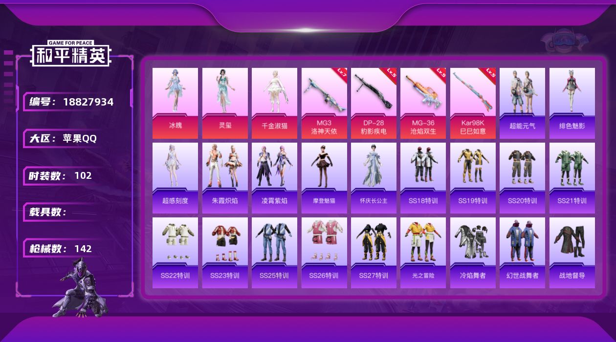 和平精英账号苹果QQ[18827934]苹果 手Q-4粉装-8特效枪-0载具-1粉色飞行器-40148热力值-8王牌印记-102套装-142枪皮
【粉色套装】：角色-千金淑猫，角色-冰魄，角色-灵玺，角色-月中灵
【粉色