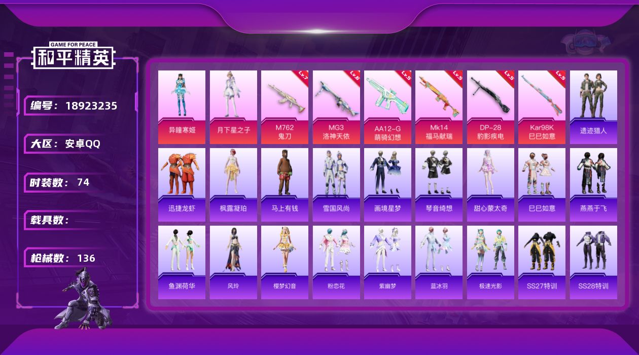 和平精英账号安卓QQ[18923235]安卓 手Q-2粉装-6特效枪-0载具-1粉色飞行器-35393热力值-1王牌印记-74套装-136枪皮
【粉色套装】：角色-月下星之子，角色-异瞳寒姬
【粉色枪皮等级】：M762-